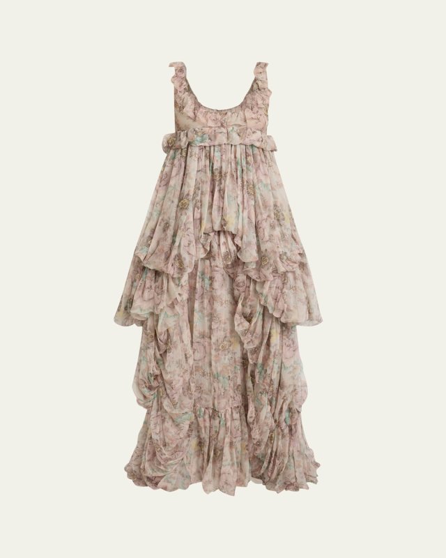 Floral Ruffle Tiered High-Low Balloon Babydoll Dress